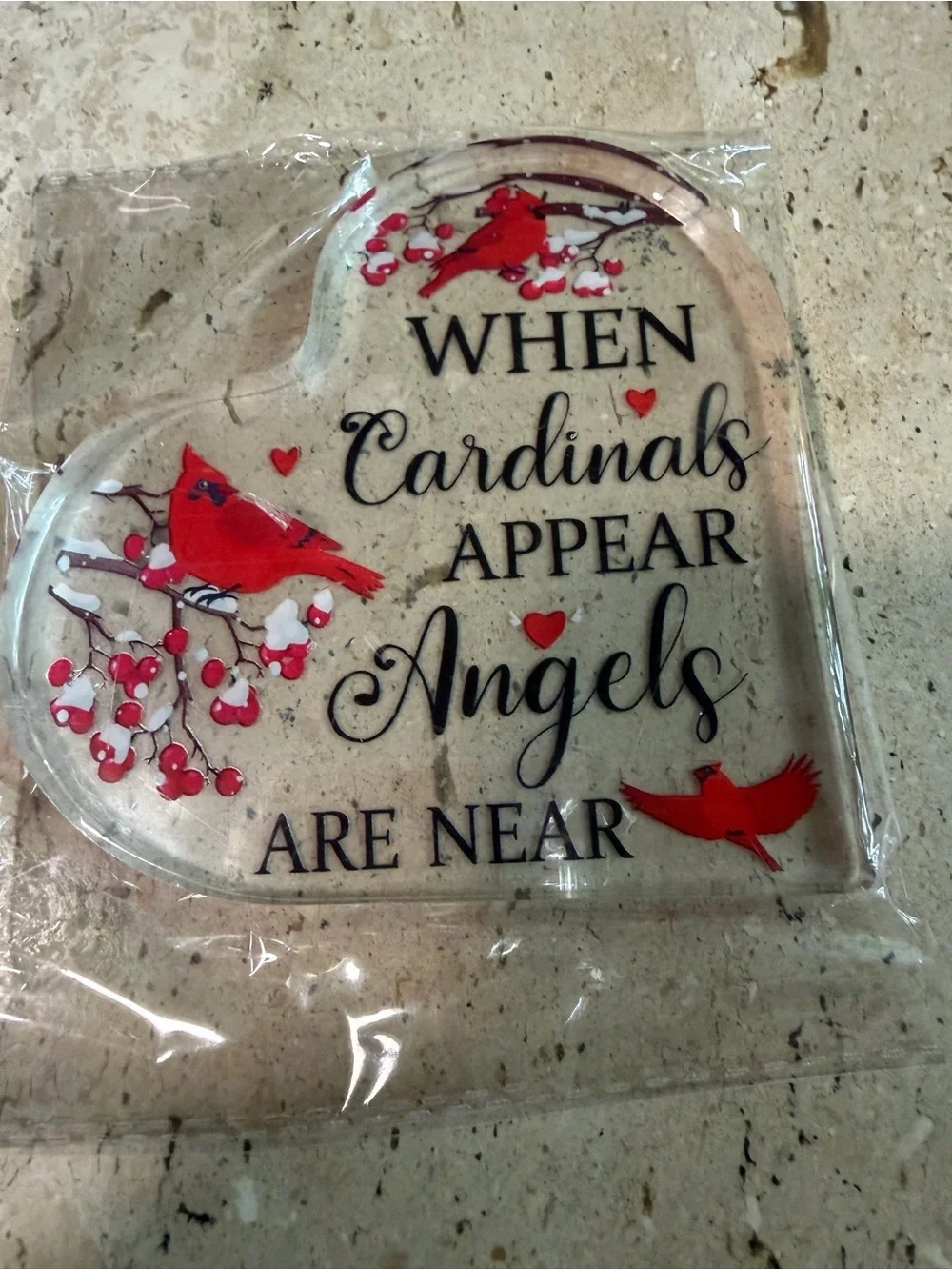 Heart Shaped Acrylic Plaque With “When Cardinals Appear,Angels Are Near”